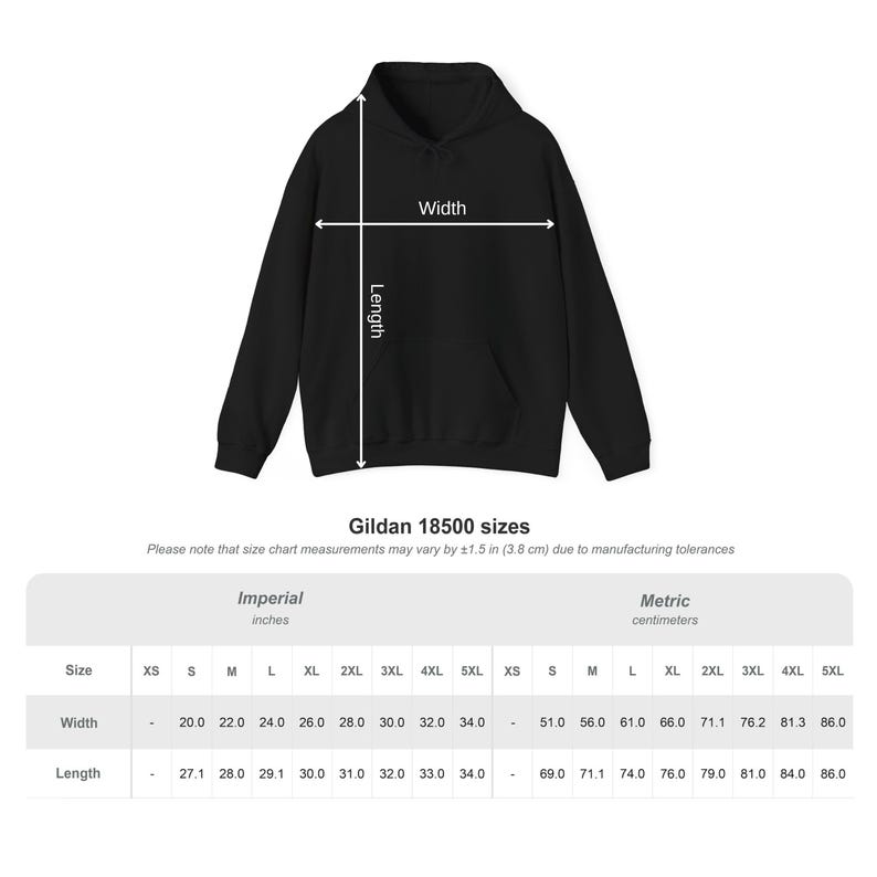 May include: Black hooded sweatshirt with a front pocket. The image includes a size chart for Gildan 18500 sizes, showing width and length measurements in inches, ranging from 20.0 to 34.0 inches wide and 27.1 to 34.0 inches long.