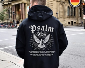 Felpa con cappuccio Salmo 91:4 Sotto le sue ali, Maglietta Sotto le sue ali, Abbigliamento cristiano unisex, Felpa con versetto biblico Salmo 91 4, Fronte e retro