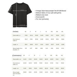 May include: Black heavyweight t-shirt with a ribbed crew neck and oversized fit. The shirt's measurements are provided in inches, including chest width, hem width, and length. The fabric is medium weight.