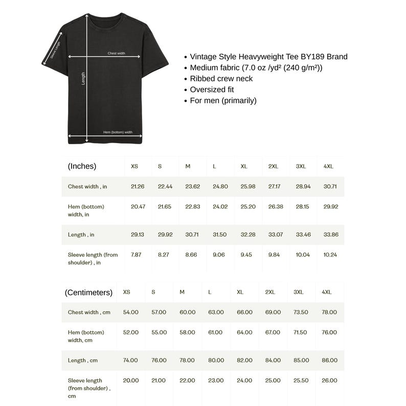 May include: Black heavyweight t-shirt with a ribbed crew neck and oversized fit. The shirt's measurements are provided in inches, including chest width, hem width, and length. The fabric is medium weight.