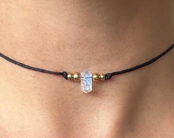 Gargantilla de piedra lunar | Joyería de piedras preciosas de doble punta | Protección y equilibrio | Collar ajustable con cuentas de latón | cinta de algodón