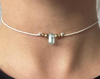 Gargantilla de aguamarina | Collar de piedras preciosas con cuentas de latón | Ajustable y hecho a mano | Gargantilla de piedras preciosas | Liderazgo dual