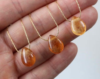 Collar de citrino auténtico, citrino en forma de lágrima, en cadena ajustable de oro o plata (37-43 cm), collar de citrino, joyería hecha a mano