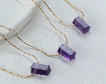 Colgante de amatista auténtica en doble punta, en cadena ajustable de oro o plata (37-43 cm), collar de amatista, hecho a mano, elegante