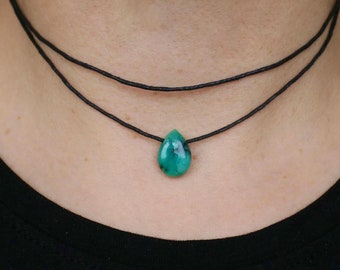 Gargantilla de esmeralda auténtica, gargantilla ajustable con gota de esmeralda, collar de esmeralda, cordón de algodón, collar hecho a mano