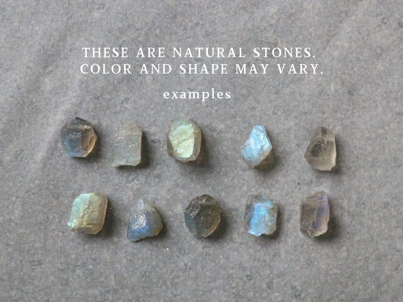 May include: Ten natural stones of varying shapes and colours are arranged on a grey surface. The stones display a range of hues, including blue, green, and clear tones. Text at the top reads: "THESE ARE NATURAL STONES. COLOR AND SHAPE MAY VARY."