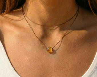 Gargantilla de citrino en bruto, collar de citrino natural, collar de citrino, joyería con piedra de nacimiento, regalo para ella, gargantilla de citrino en bruto, longitud ajustable