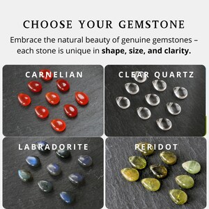 May include: Image showcasing a selection of gemstones: Carnelian, Clear Quartz, Labradorite, and Peridot. Each gemstone is displayed on a dark surface, with the name of each stone clearly labeled above. The text "CHOOSE YOUR GEMSTONE" is at the top.