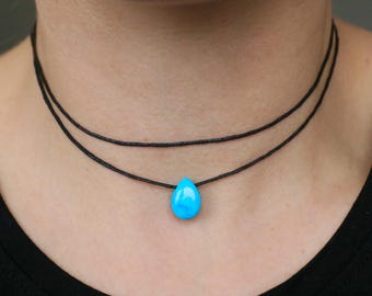 Gargantilla de turquesa auténtica, gargantilla ajustable con gota de turquesa, collar de turquesa, cordón de algodón, collar hecho a mano