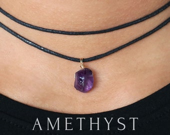 Roher Amethyst Choker aus Baumwolle– Verstellbar, in Gold oder Silber, Made in Deutschland, Edelsteinkette, Amethyst roh Kette, Nachhaltig