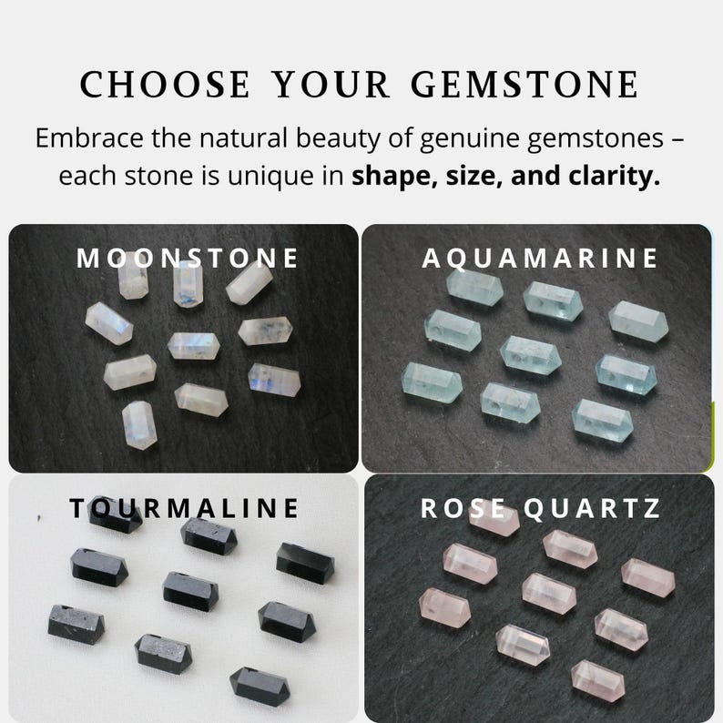 May include: Image featuring four gemstone options: Moonstone, Aquamarine, Tourmaline, and Rose Quartz. Each stone is displayed in a rectangular shape. The text "CHOOSE YOUR GEMSTONE" and a description are at the top.