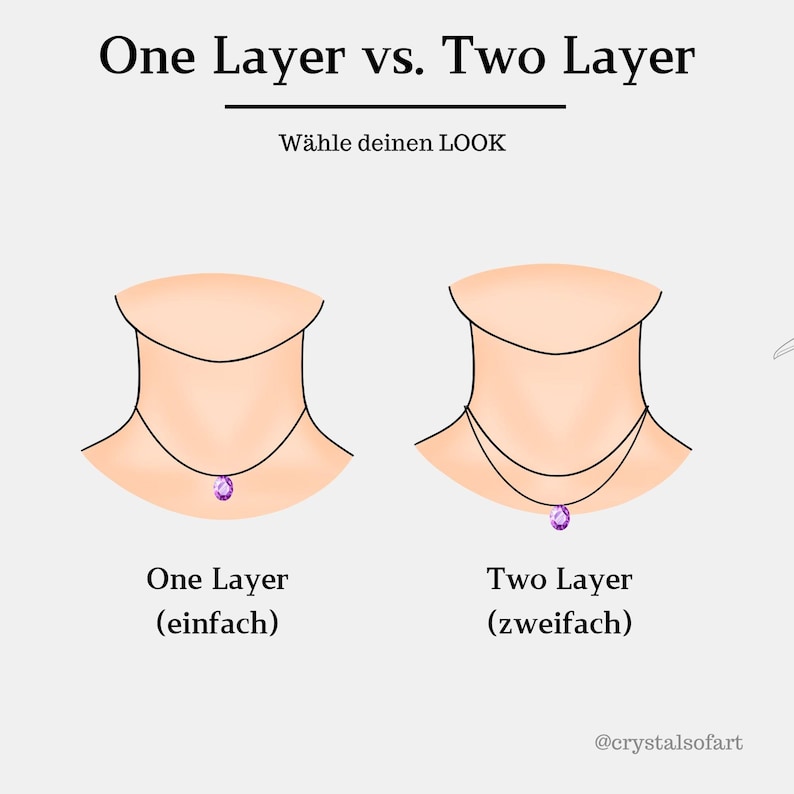 Puede incluir: Ilustraci&oacute;n que compara collares de una y dos capas. El texto superior dice "One Layer vs. Two Layer" y "W&auml;hle deinen LOOK". Los collares tienen un colgante morado. El collar de una capa est&aacute; etiquetado como "One Layer (einfach)" y el de dos capas como "Two Layer (zweifach)".