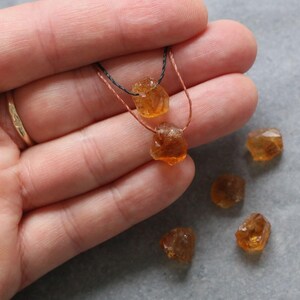 May include: A close-up of a necklace featuring two raw, orange-brown citrine gemstones strung on a thin cord. Several loose citrine stones are scattered nearby. The gemstones have a rough, natural texture and varying shapes.