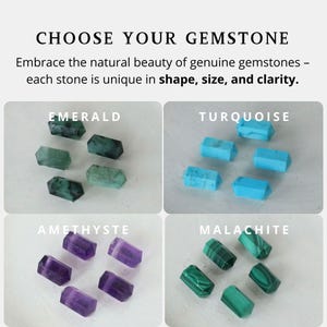 May include: Image featuring a selection of gemstones: emerald, turquoise, amethyst, and malachite. Each gemstone is a unique hexagonal shape. The text reads "CHOOSE YOUR GEMSTONE" and "Embrace the natural beauty of genuine gemstones - each stone is unique in shape, size, and clarity."