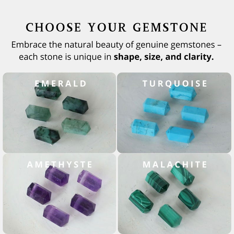 May include: Image featuring a selection of gemstones: emerald, turquoise, amethyst, and malachite. Each gemstone is a unique hexagonal shape. The text reads "CHOOSE YOUR GEMSTONE" and "Embrace the natural beauty of genuine gemstones - each stone is unique in shape, size, and clarity."
