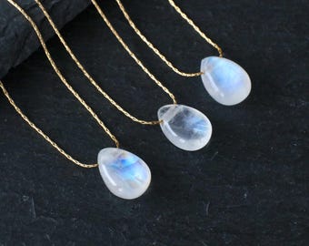 Colgante de piedra lunar auténtica, forma de lágrima, en cadena ajustable de oro o plata (37-43 cm), collar de piedra lunar, hecho a mano, elegante
