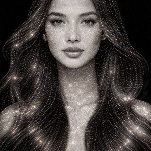 Può includere: Ritratto in primo piano di una donna con lunghi capelli scuri, ornati di dettagli scintillanti. L'immagine mette in risalto il viso e la parte superiore del corpo della donna su uno sfondo nero. L'effetto complessivo è glamour e artistico.