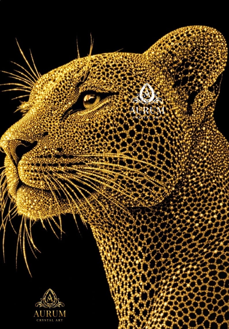 Handmade Gold Leopard Artwork, Rhinestone Animal Portrait, Luxury ...
