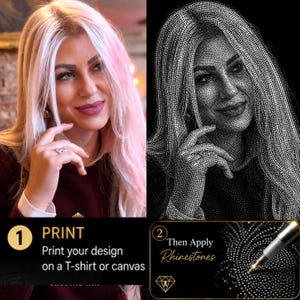 Peut inclure: Une image divisée montrant une personne aux longs cheveux blonds à gauche et un portrait en strass noir et blanc de la même personne à droite. Les encadrés indiquent : 1 PRINT Print your design on a T-shirt or canvas et 2 Then Apply Rhinestones.