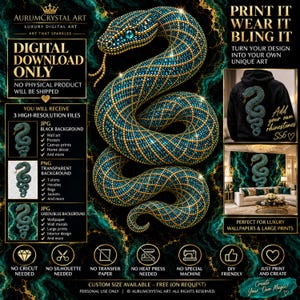 May include: A digital art file featuring a coiled snake rendered in blue and gold rhinestones against a dark marble background. The image includes text such as DIGITAL DOWNLOAD ONLY, PRINT IT WEAR IT BLING IT, and details about file formats.