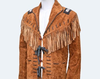 Handmade Suede Leather Western Jacket: Cowboy Fringe Beaded Coat