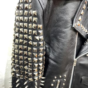 Mens Black Leather Biker Studded Jacket: Cowhide Leathers Silver Pyramid Studs Gift for him