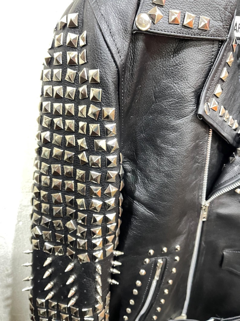 Mens Black Leather Biker Studded Jacket: Cowhide Leathers Silver Pyramid Studs Gift for him