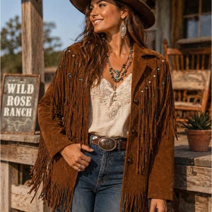 May include: A brown suede fringe jacket with colourful bead accents. The jacket is worn over a cream lace top and blue jeans. A brown hat and jewellery complete the western look. A sign that says "Wild Rose Ranch" is visible.