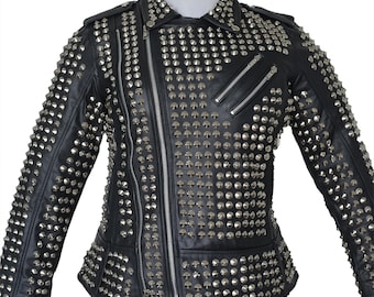 Chaqueta de moto de cuero con tachuelas para mujer: Chaqueta de motociclista Brando con tachuelas plateadas