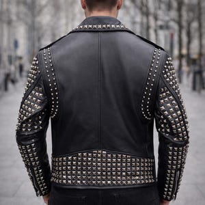 Mens Black Leather Biker Studded Jacket: Cowhide Leathers Silver Pyramid Studs Gift for him