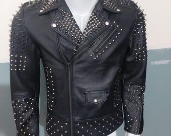 Herren Handgefertigte Nieten Schwarze Lederjacke: Punk Party Wear