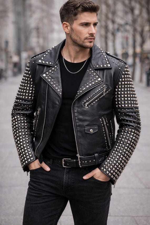 Mens Black Leather Biker Studded Jacket: Cowhide Leathers Silver Pyramid Studs Gift for him