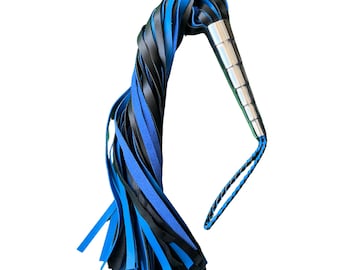 Blue & Black Leather Flogger, Heavy Duty Cowhide Whip, Steel Handle