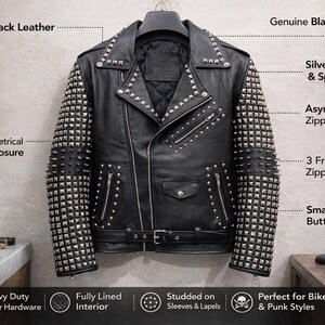 Mens Black Leather Biker Studded Jacket: Cowhide Leathers Silver Pyramid Studs Gift for him