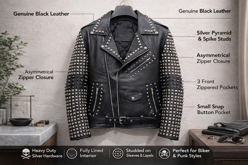 Mens Black Leather Biker Studded Jacket: Cowhide Leathers Silver Pyramid Studs Gift for him