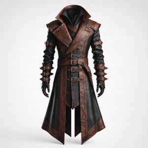 Leren trenchcoat voor heren, gotische zwartbruine lange jas, leren duster, alternatieve jas in steampunkstijl
