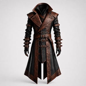 May include: A long coat featuring a combination of black and brown panels. The garment includes a high collar, multiple buckled straps across the front, waist, and sleeves, and structured shoulder detailing. The design incorporates a layered aesthetic.
