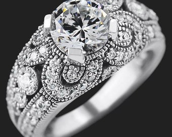 Pierre centrale ronde brillante de 0,89 ct sertie dans des grains milgrain et des perles Bague de fiançailles Bague de promesse Bague de mariée Bague moissanite en argent sterling 925