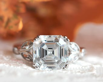 Anillo de compromiso Art Déco de 4.60ct-Asscher+Simuladores de diamantes talla marquesa-Anillo nupcial-Anillo de aniversario Anillo Moissanite 925 Plata de ley