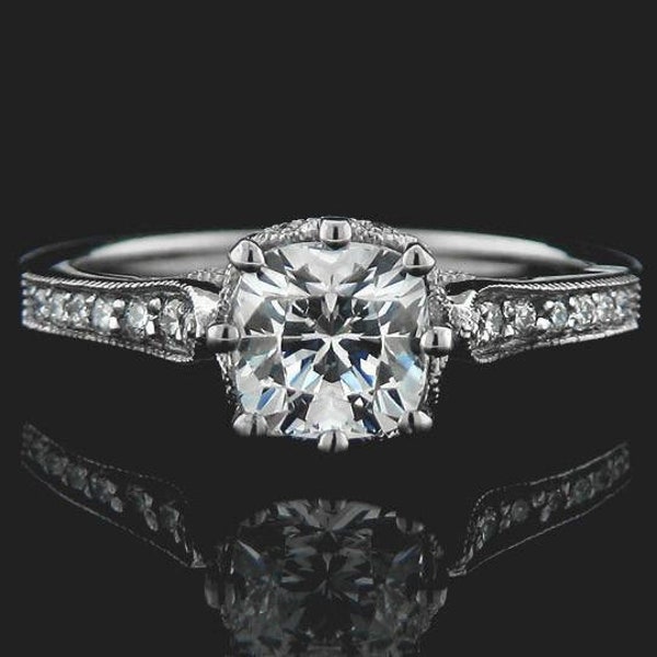 1.20ct Crown Vintage Engagement Ring holds Round Cut center stone milgrain accented head Bridal Ring Moissanite Ring 925 Sterling Silver