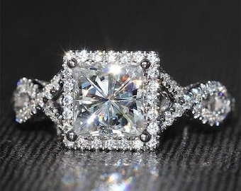 2 Karat Princess-Schliff, geteilter Schaft, Halo-Diamant, Verlobungsring, Ehering, Brautring, Moissanit-Ring, 925er-Sterlingsilber, Jubiläumsring