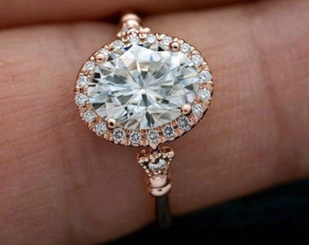 Klassischer Stil Verlobungsring 1.15 Ct Halo im Ovalschliff Weiß / Rosa Polnischer Brautring Moissanit Ring in 925 Sterling Silber Ehering