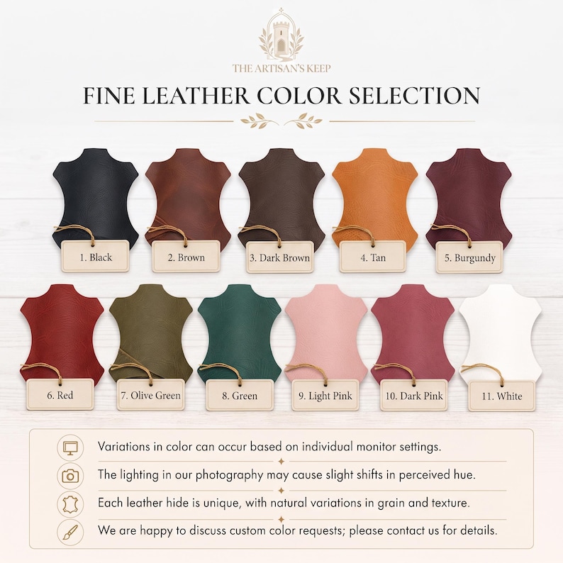 K&ouml;nnte beinhalten: Eine Lederfarbkarte mit dem Titel THE ARTISAN'S KEEP FINE LEATHER COLOR SELECTION mit elf nummerierten Mustern in Schwarz, Braun, Dunkelbraun, Hellbraun, Bordeaux, Rot, Olivgr&uuml;n, Gr&uuml;n, Hellrosa, Dunkelrosa und Wei&szlig; mit angeh&auml;ngten Etiketten.