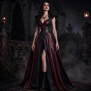 Könnte beinhalten: Ein bodenlanges Kleid aus schwarzen und dunkelroten Stoffbahnen. Das Oberteil hat einen strukturierten Ausschnitt mit einem Frontreißverschluss, während der Rock einen hohen Schlitz vorne aufweist. Dazu werden schwarze Stiefel getragen.