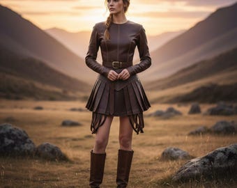 Women’s Brown Leather Armored Skirt Set | Genuine Leather Long-Sleeve Warrior Outfit | Handmade Medieval Fantasy Dress |LARP Cosplay Costume