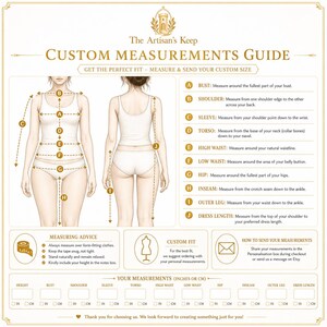 K&ouml;nnte beinhalten: Eine Infografik f&uuml;r individuelle Ma&szlig;e mit dem Titel The Artisan's Keep. Sie zeigt Illustrationen einer Person von vorne und hinten mit markierten Punkten von A bis J, die K&ouml;rperma&szlig;en wie Brust, Taille und H&uuml;fte entsprechen.