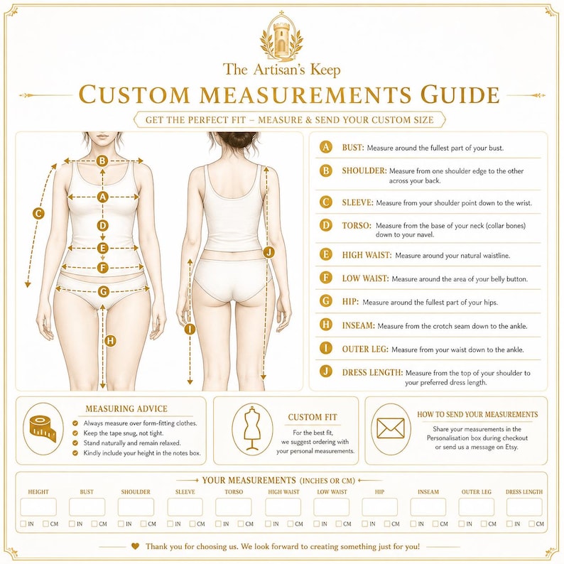 K&ouml;nnte beinhalten: Eine Infografik f&uuml;r individuelle Ma&szlig;e mit dem Titel The Artisan's Keep. Sie zeigt Illustrationen einer Person von vorne und hinten mit markierten Punkten von A bis J, die K&ouml;rperma&szlig;en wie Brust, Taille und H&uuml;fte entsprechen.