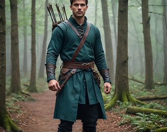 Herren Waldgrün Archer Tunika | Langlebige, atemberaubende Kostümborte und Köcherriemen | Ideal für Ren Fair und Cosplay | Authentischer Mittelalter-Stil