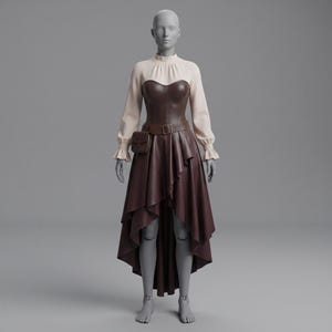 K&ouml;nnte beinhalten: Eine cremefarbene Langarmbluse mit Stehkragen und ger&uuml;schten &Auml;rmelb&uuml;ndchen unter einem dunkelbraunen Korsett-Oberteil. Das Outfit umfasst einen passenden dunkelbraunen Vokuhila-Rock mit einem G&uuml;rtel, an dem eine kleine rechteckige Tasche befestigt ist.