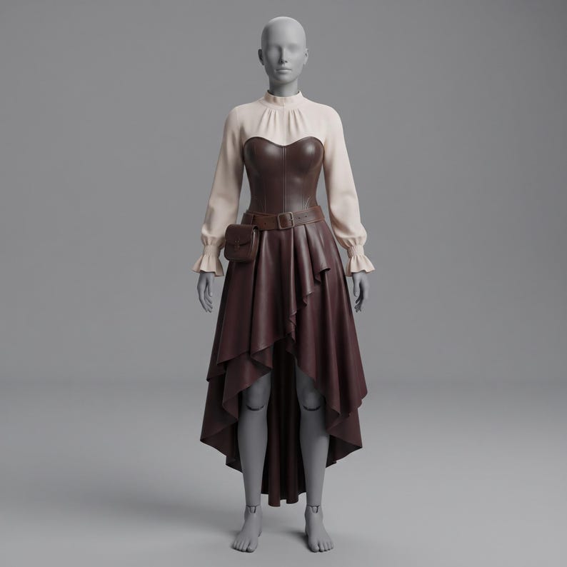K&ouml;nnte beinhalten: Eine cremefarbene Langarmbluse mit Stehkragen und ger&uuml;schten &Auml;rmelb&uuml;ndchen unter einem dunkelbraunen Korsett-Oberteil. Das Outfit umfasst einen passenden dunkelbraunen Vokuhila-Rock mit einem G&uuml;rtel, an dem eine kleine rechteckige Tasche befestigt ist.
